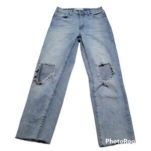 High Rise Jeans Straight Leg Distressed Destroyed Knees Raw Hem Mom Jeans 28